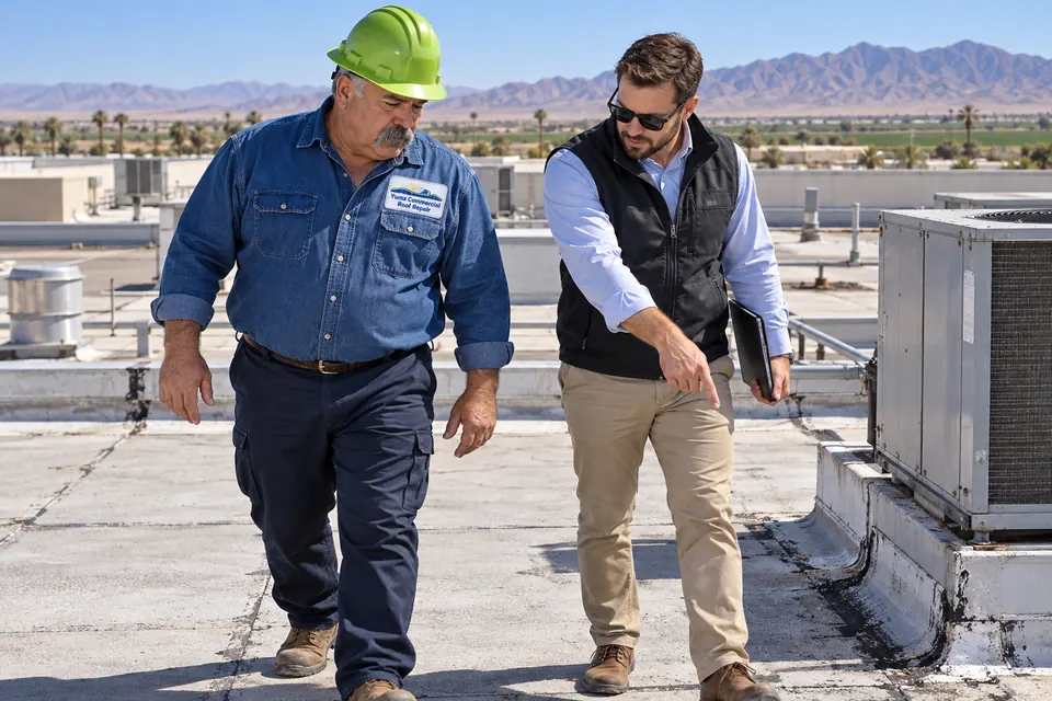 Roofer and building owner walking a sun-faded flat commercial roof past a rooftop unit in Yuma, AZ