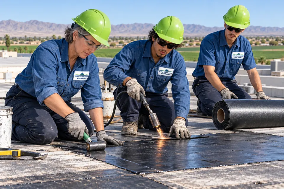 Three roofers torch-applying a modified bitumen patch over an open seam on a flat commercial roof
