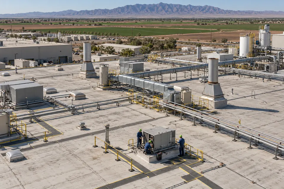 Industrial plant roof with ducts, rooftop units, and a small repair crew at one unit