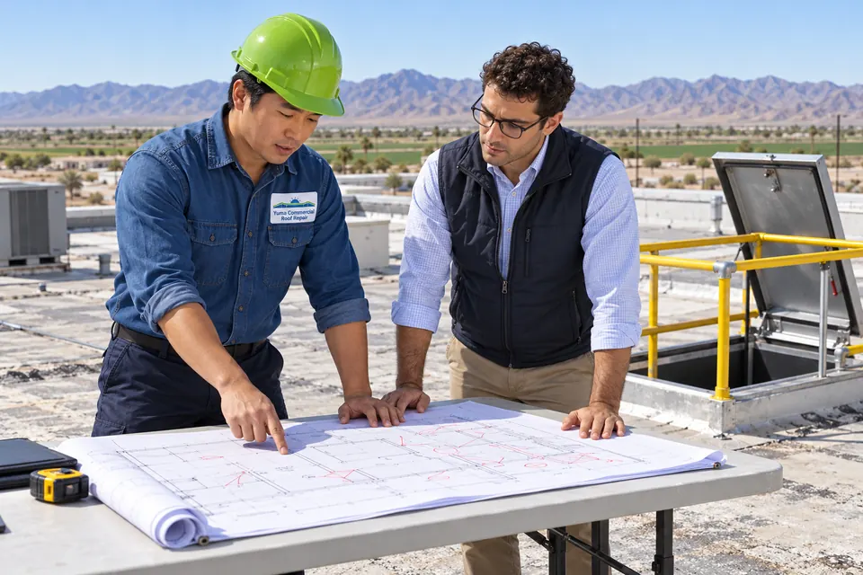 Roofer and facility manager marking up a roof plan on a table beside a roof hatch